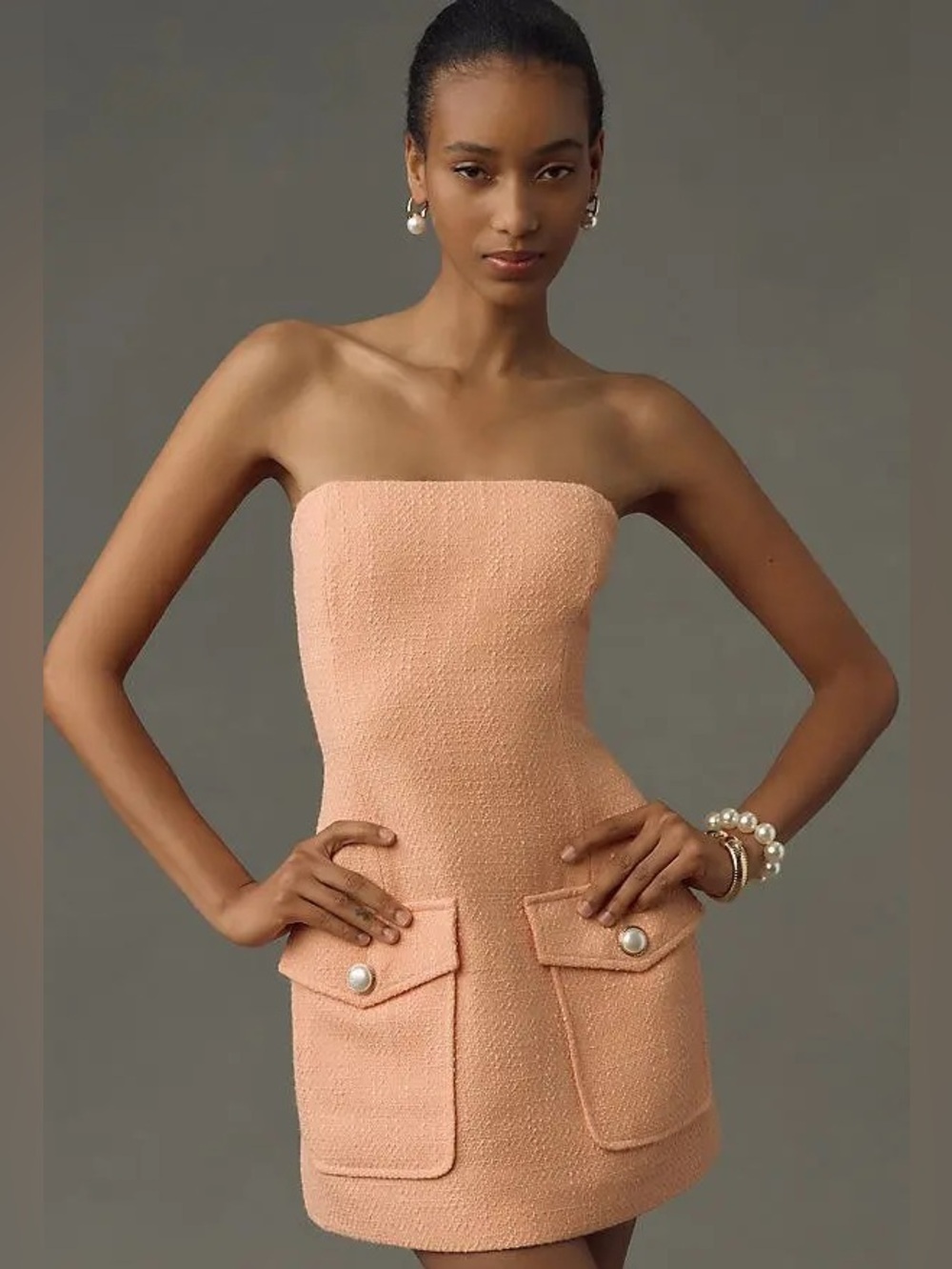 Ronny Kobo Peach Taren Strapless Tweed Mini Dress XS. NWT. Ret $568